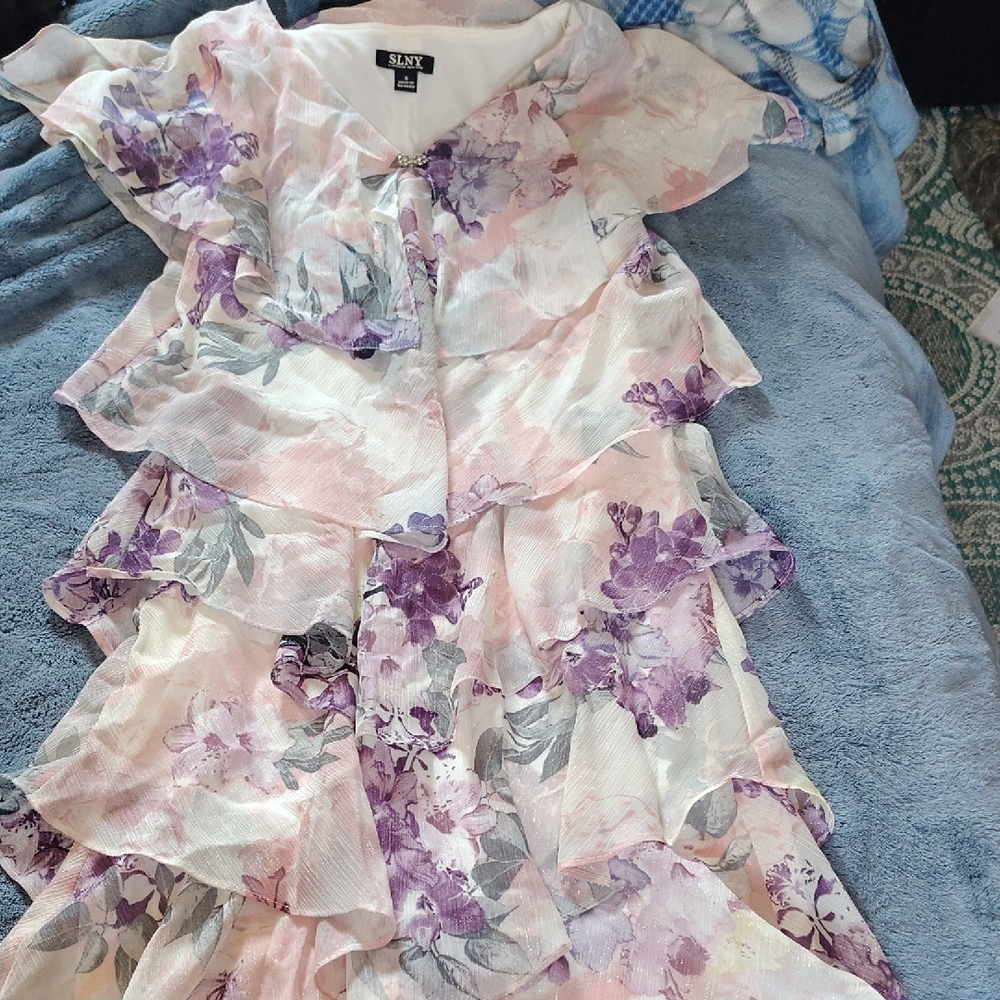 SLNY Floral Ruffle Dress in Purple and Pink